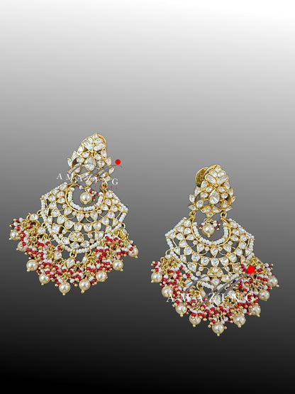 Silver Moissanite Polki Pearls Earring, Moissanite Polki Kundan Chandbali, Bridal Jewellery, Traditional Chandbali, 925 Silver Earring