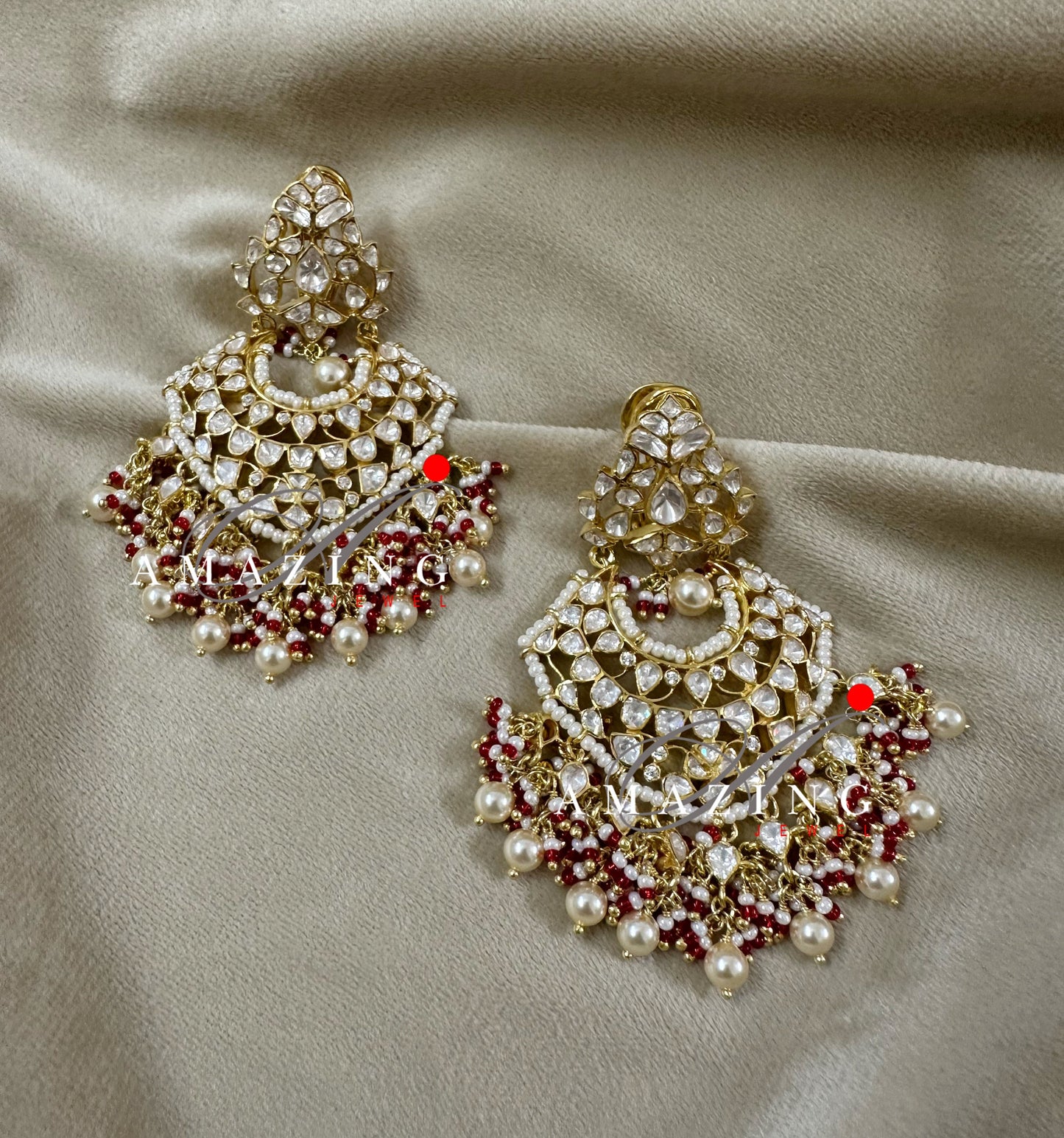 Silver Moissanite Polki Pearls Earring, Moissanite Polki Kundan Chandbali, Bridal Jewellery, Traditional Chandbali, 925 Silver Earring