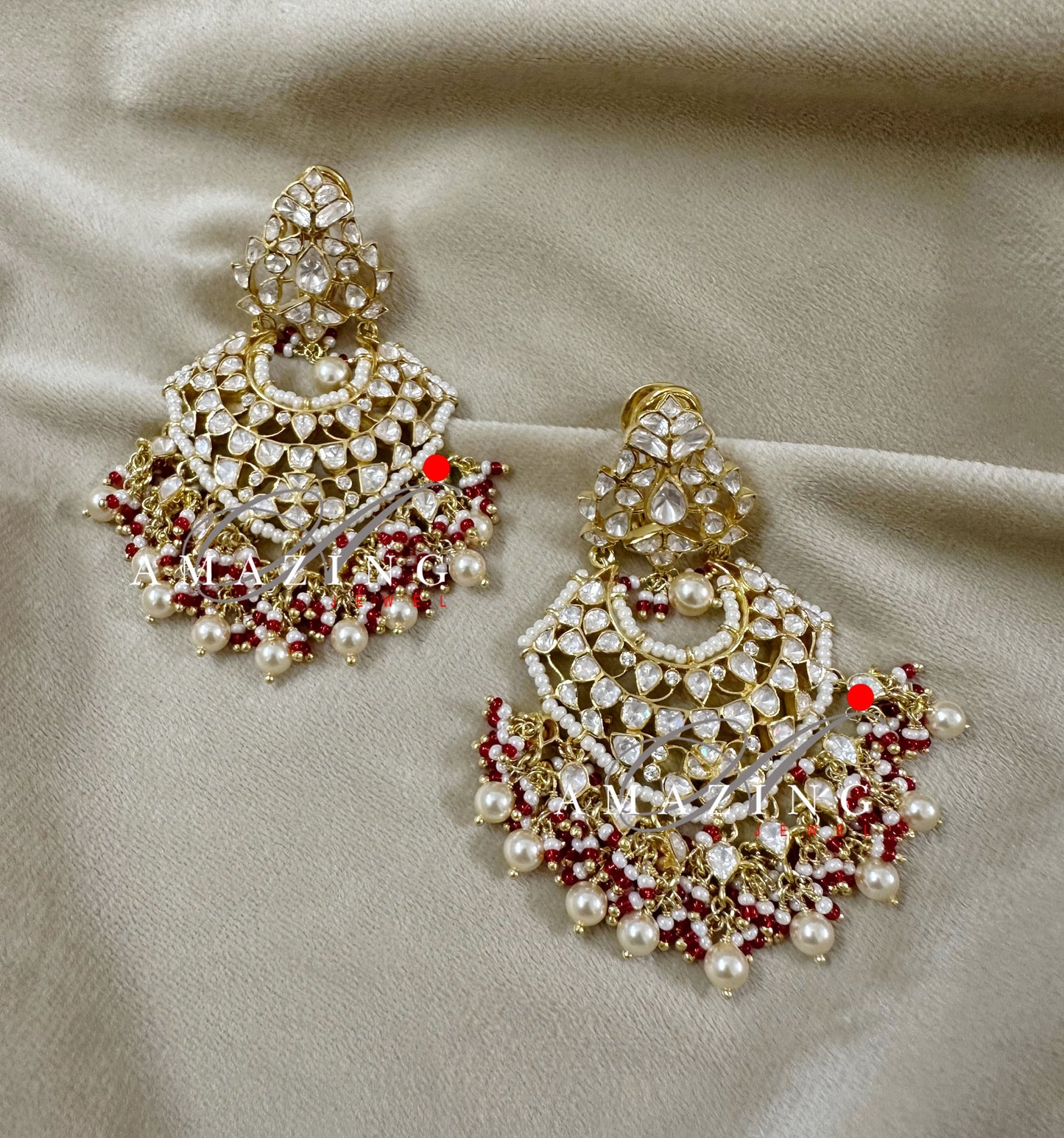 Silver Moissanite Polki Pearls Earring, Moissanite Polki Kundan Chandbali, Bridal Jewellery, Traditional Chandbali, 925 Silver Earring