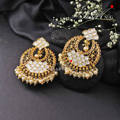 Silver Moissanite Polki Pearls Chandbali, Moissanite Kundan Earring, Bridal Jewellery, Traditional Chandbali, 925 Sterling Silver Earring