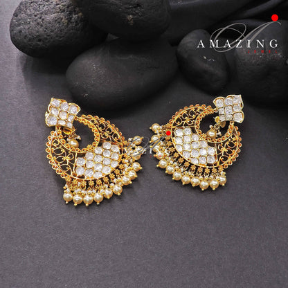 Silver Moissanite Polki Pearls Chandbali, Moissanite Kundan Earring, Bridal Jewellery, Traditional Chandbali, 925 Sterling Silver Earring