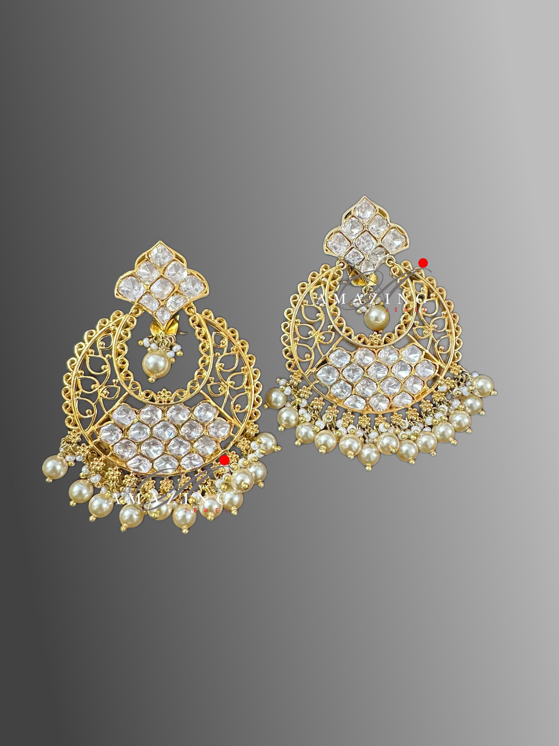 Silver Moissanite Polki Pearls Chandbali, Moissanite Kundan Earring, Bridal Jewellery, Traditional Chandbali, 925 Sterling Silver Earring