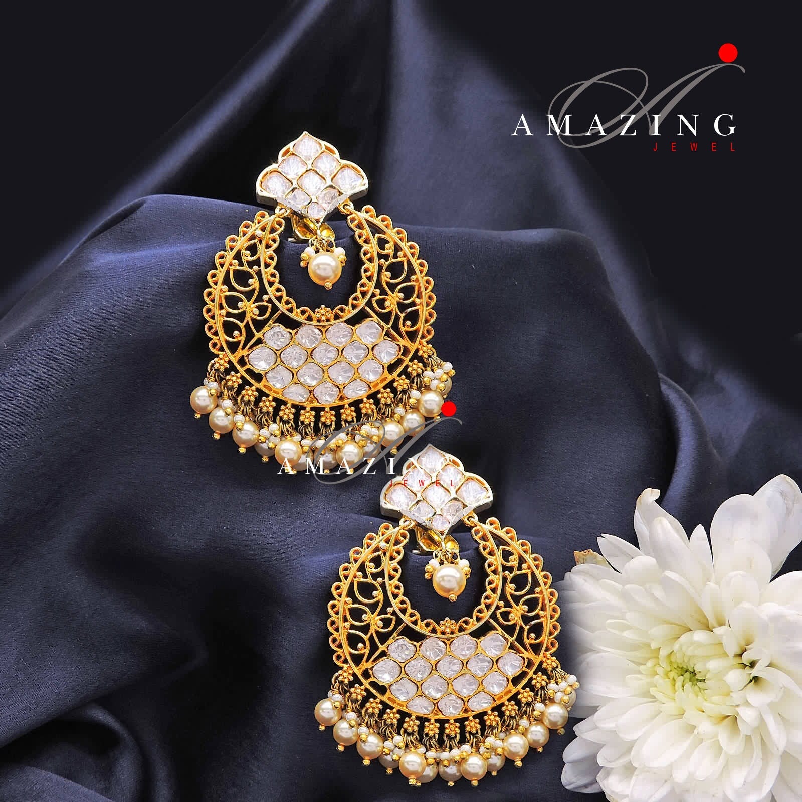 Silver Moissanite Polki Pearls Chandbali, Moissanite Kundan Earring, Bridal Jewellery, Traditional Chandbali, 925 Sterling Silver Earring