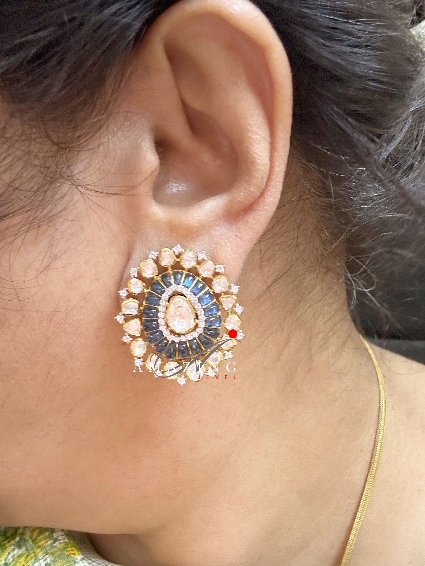 Silver Polki Earring, Wedding Jewellery, Moissanite Polki Earring, Silver Sapphire Stone Earring, Indian Jewellery, Statement Earring, Studs