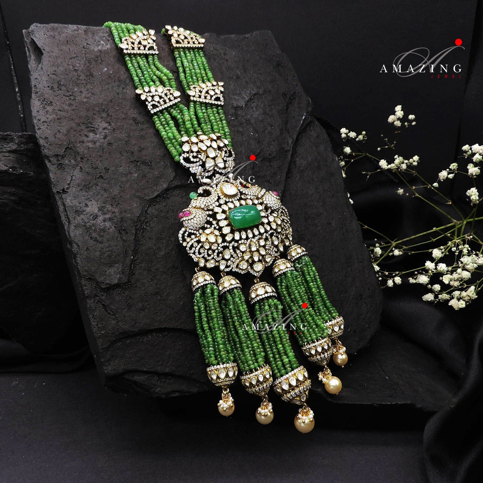 Silver Mossanite Polki TSavorite Beads, Indian Wedding Jewellery, Indian Traditional Jewellery, Bridal Jewellery, Necklace set, Earring