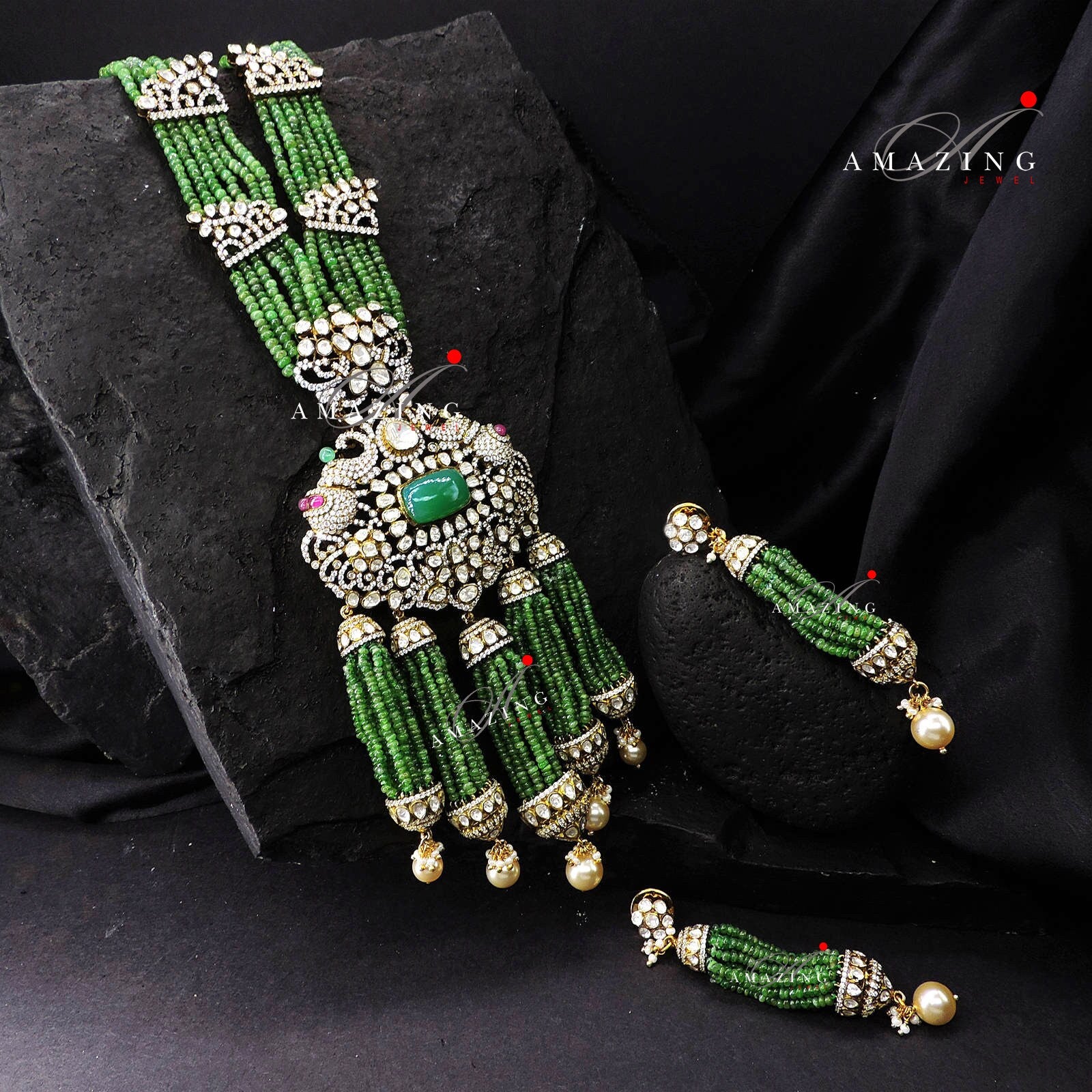 Silver Mossanite Polki TSavorite Beads, Indian Wedding Jewellery, Indian Traditional Jewellery, Bridal Jewellery, Necklace set, Earring