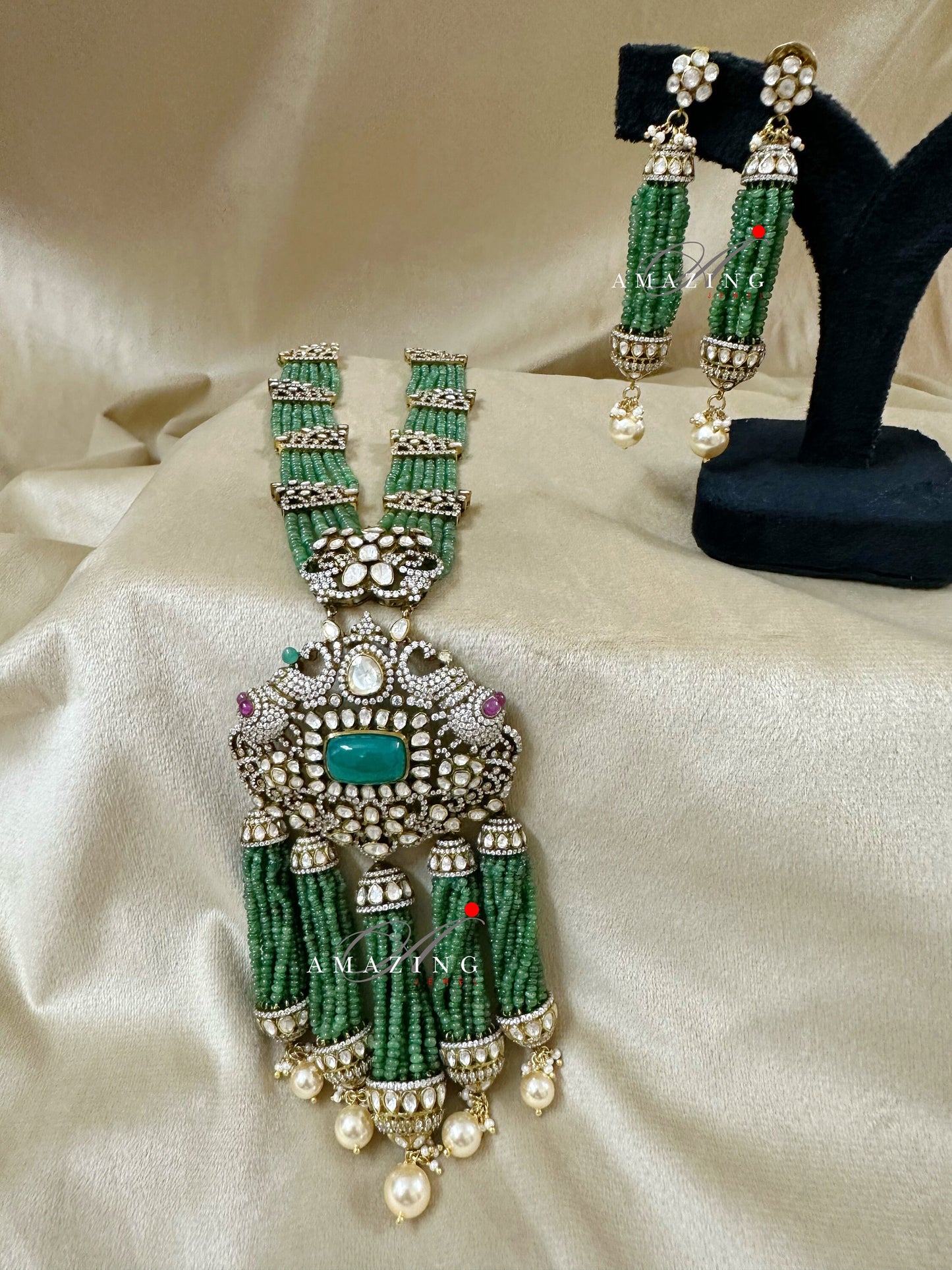 Silver Mossanite Polki TSavorite Beads, Indian Wedding Jewellery, Indian Traditional Jewellery, Bridal Jewellery, Necklace set, Earring