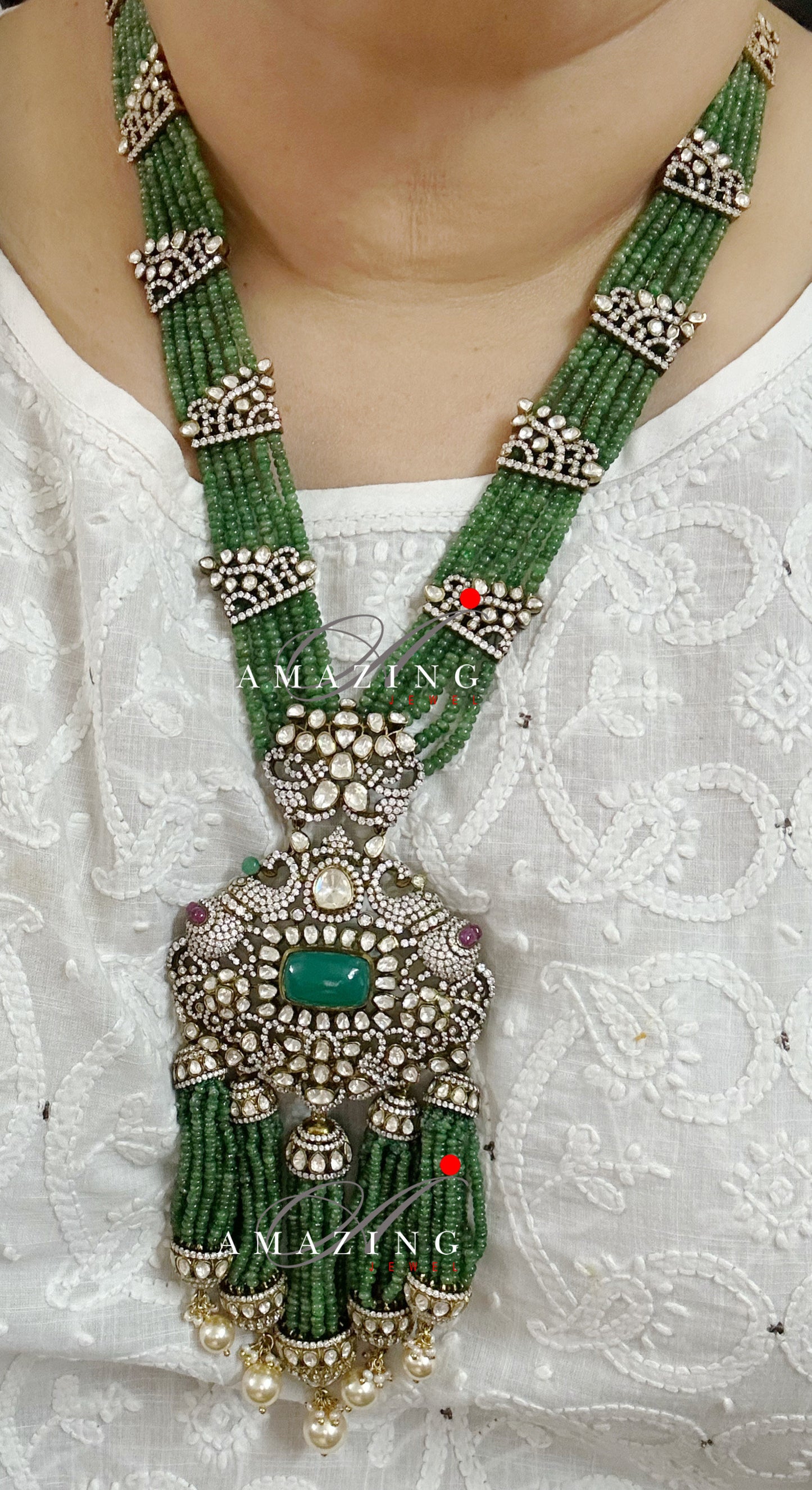 Silver Mossanite Polki TSavorite Beads, Indian Wedding Jewellery, Indian Traditional Jewellery, Bridal Jewellery, Necklace set, Earring