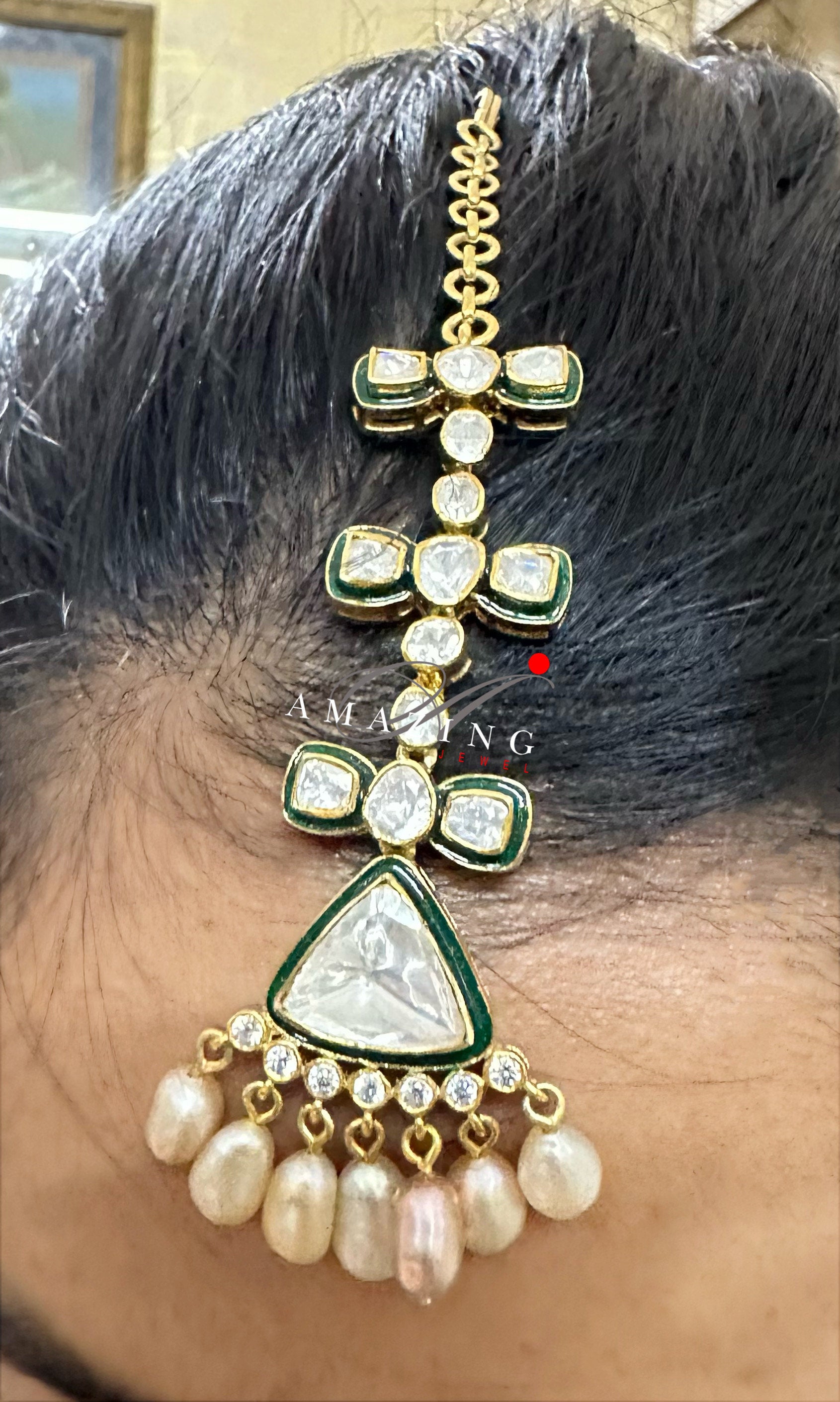 Silver Moissanite Polki with Green Enamel Maangtika, Moissanite Polki Maangtika, Traditional Maangtika, Bridal Jewellery, Silver Maangtika