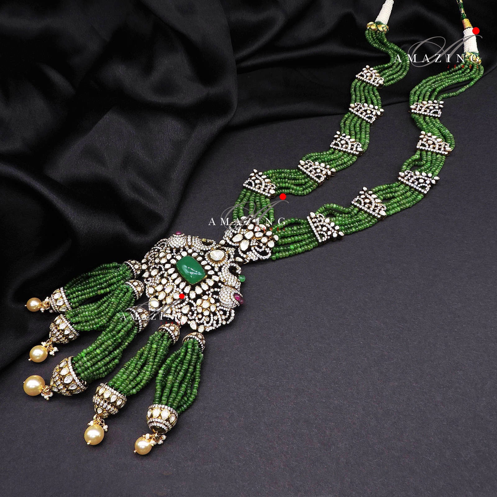 Silver Mossanite Polki TSavorite Beads, Indian Wedding Jewellery, Indian Traditional Jewellery, Bridal Jewellery, Necklace set, Earring