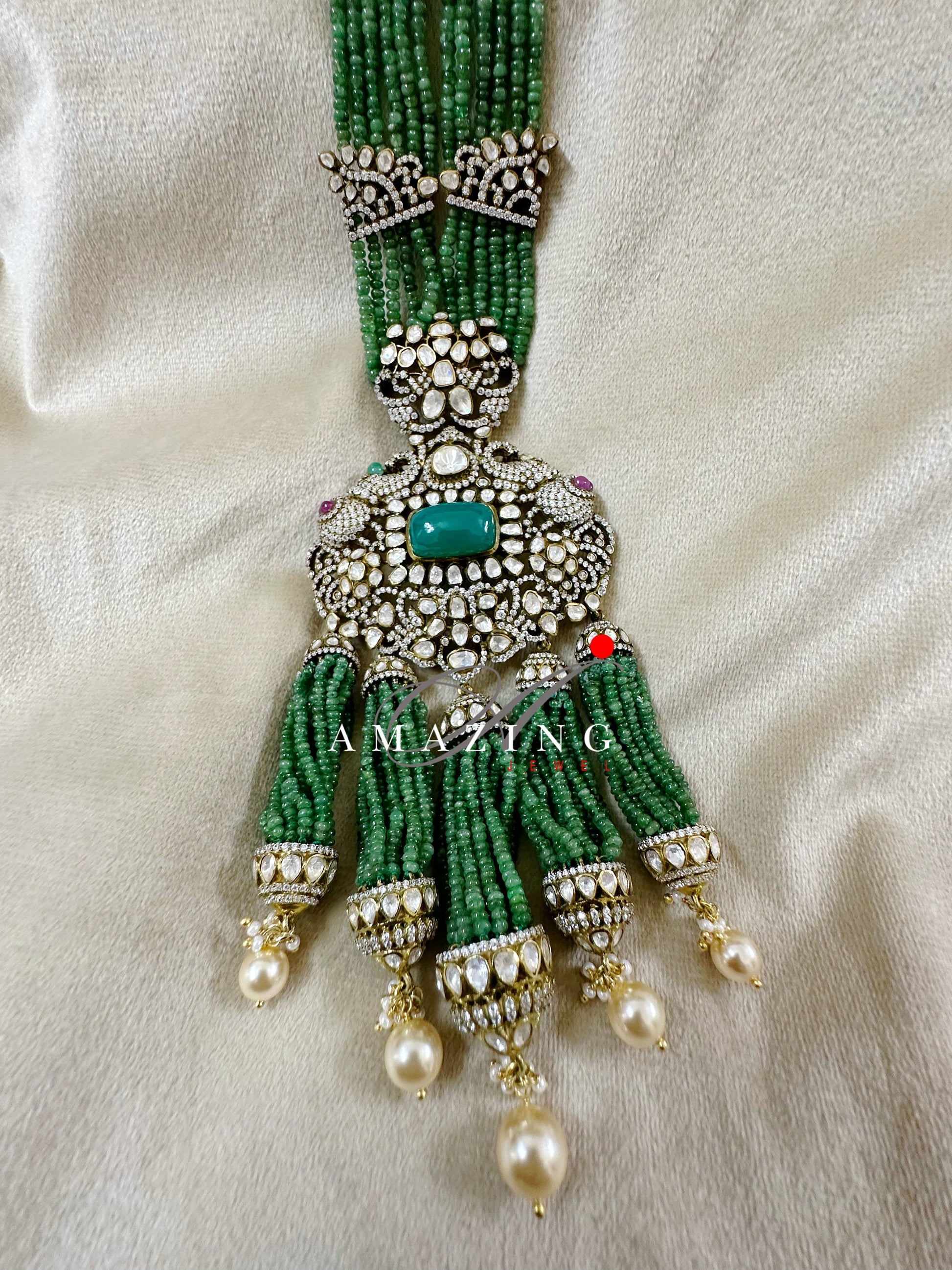 Silver Mossanite Polki TSavorite Beads, Indian Wedding Jewellery, Indian Traditional Jewellery, Bridal Jewellery, Necklace set, Earring