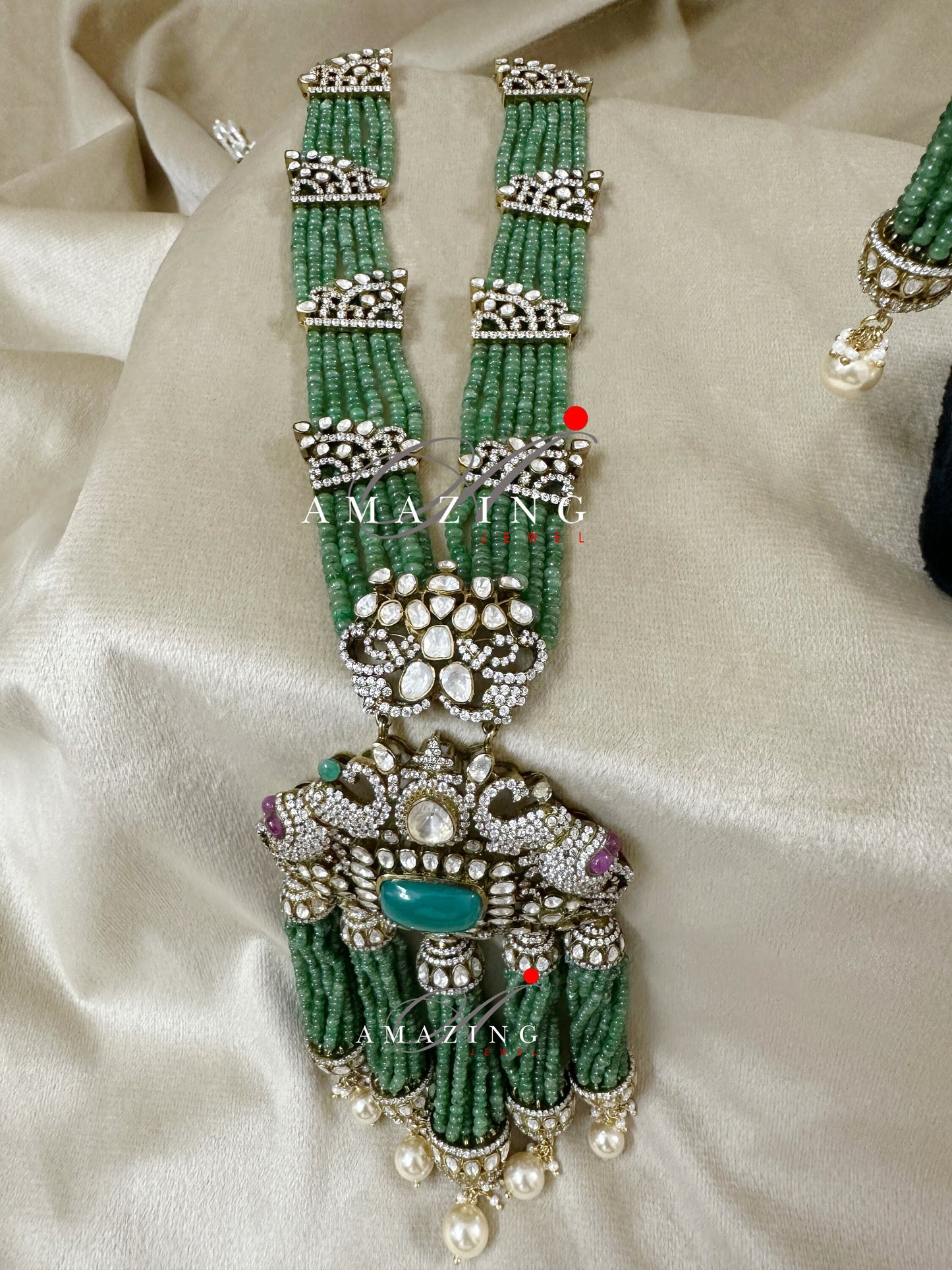 Silver Mossanite Polki TSavorite Beads, Indian Wedding Jewellery, Indian Traditional Jewellery, Bridal Jewellery, Necklace set, Earring